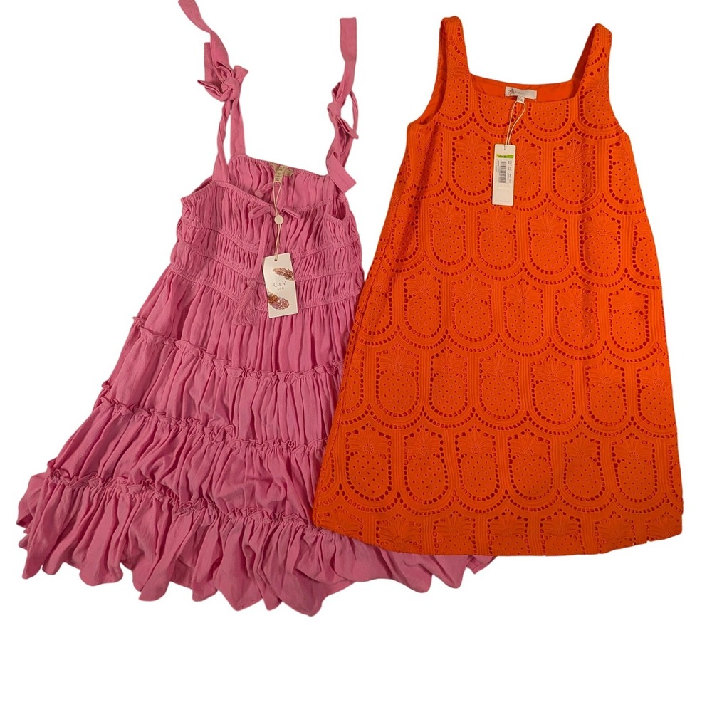 Lot of 2 Girls Summer Dresses GB Orange Eyelet & C&V Pink Smocked Boho Large